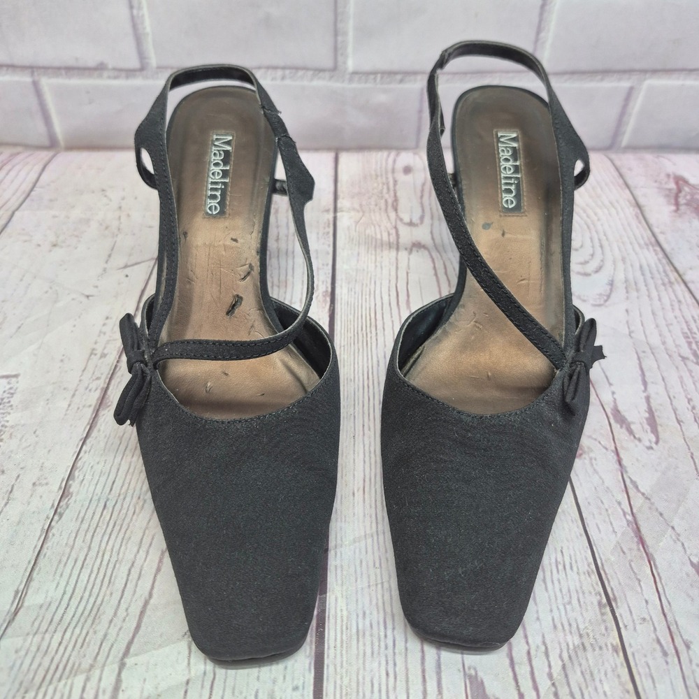 Madeline Padma Black Fabric Slingback Heels Square Toe Bow Detail Pumps Size 6M